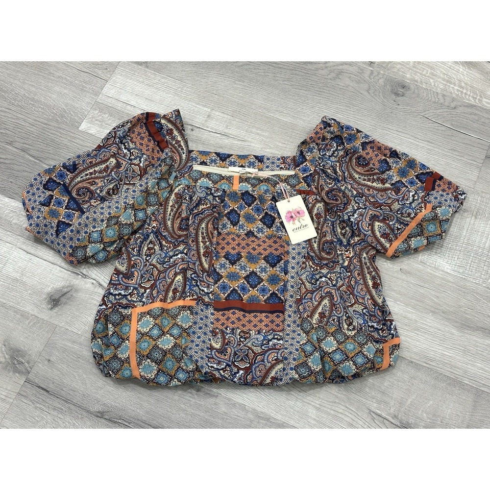 NWT Entro Multicolor Paisley Puff Short‎ Sleeve Women's Large